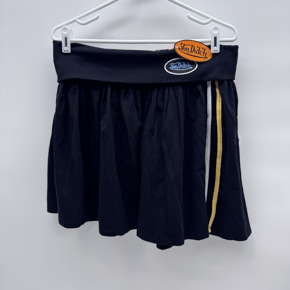 Von Dutch Women's Large Mini Skirt Foldover Waistband Stripe Logo Y2K